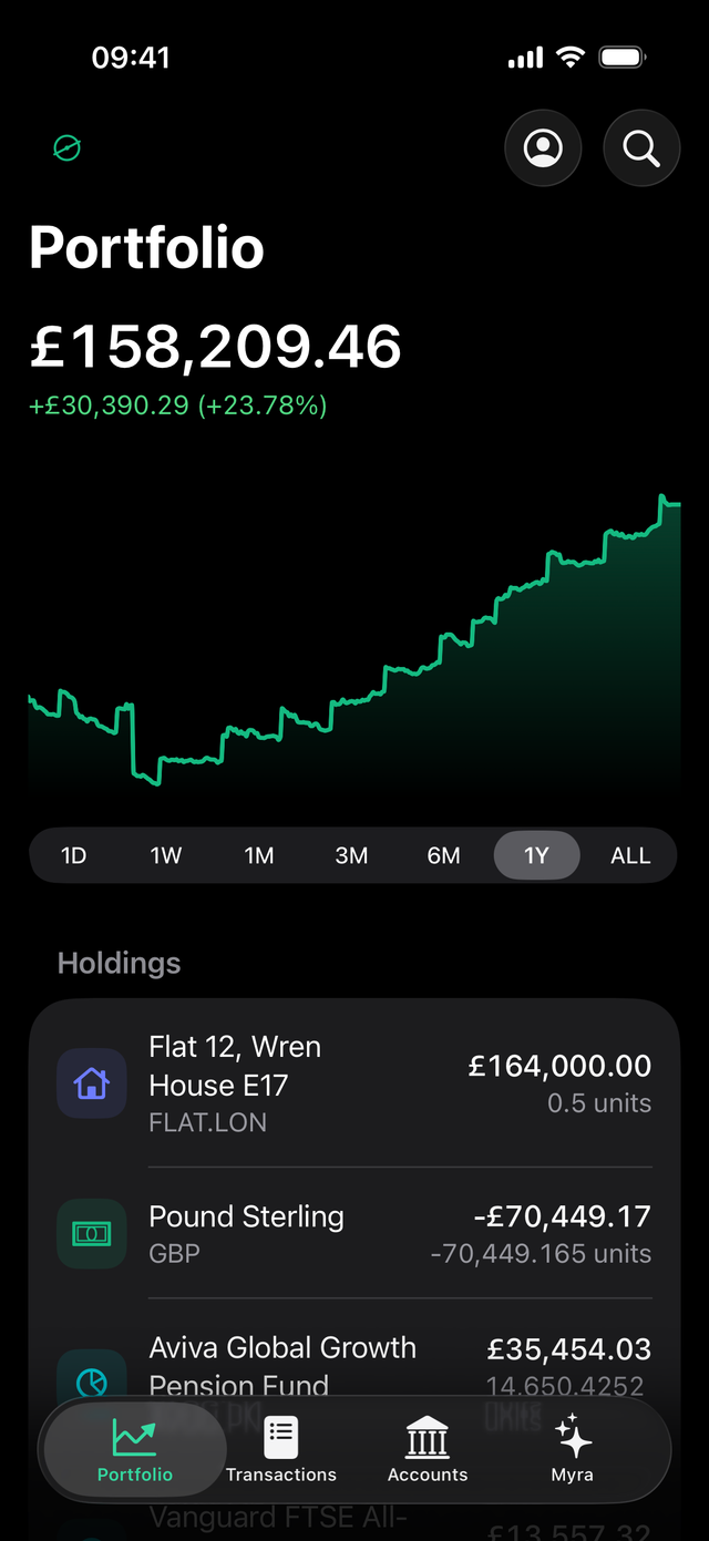 The native Sverto iOS app showing portfolio net worth, a history chart, holdings and the bottom navigation tabs.