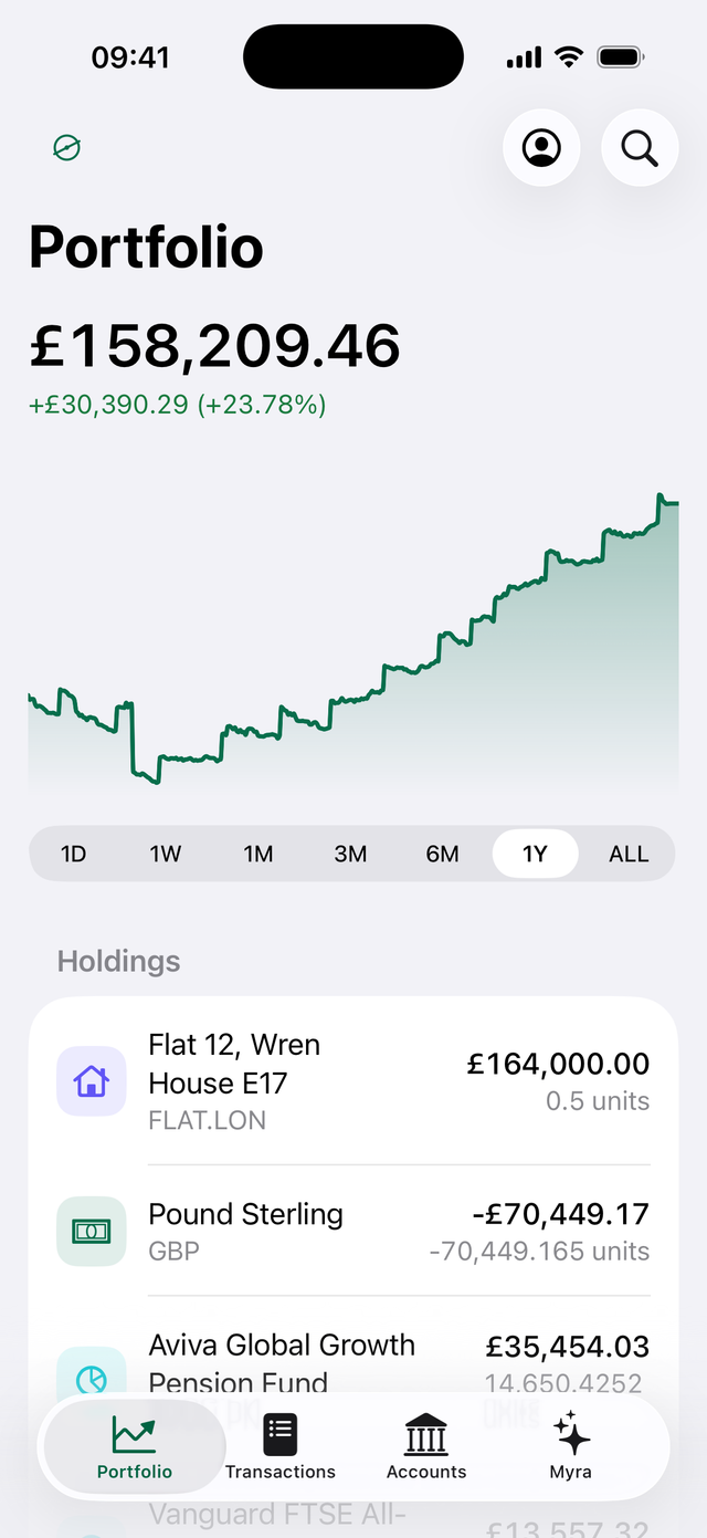 The native Sverto iOS app showing portfolio net worth, a history chart, holdings and the bottom navigation tabs.